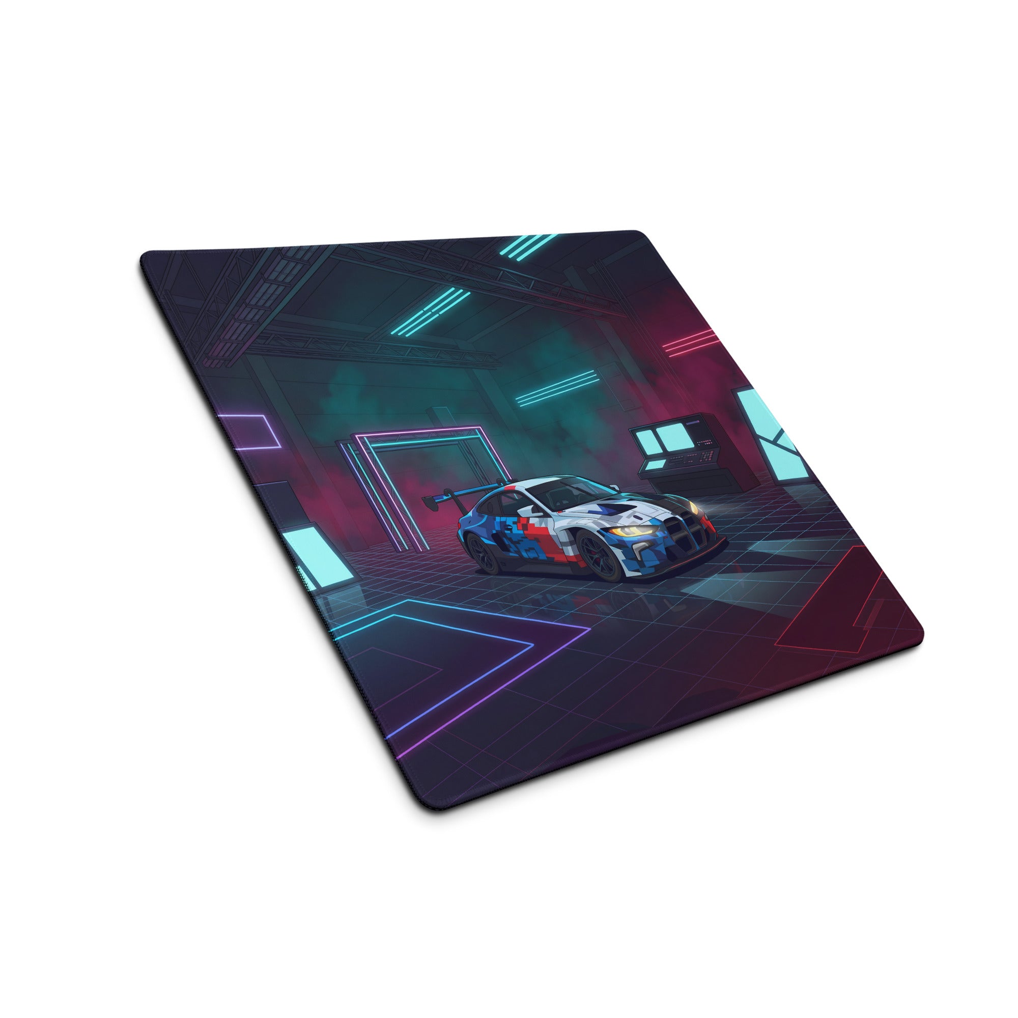 BMW M4 GT3 Inspired White Blue Vaporwave Gaming Mouse Pad, Neon Race Car Desk Mat with Futuristic Cyberpunk Garage Artwork