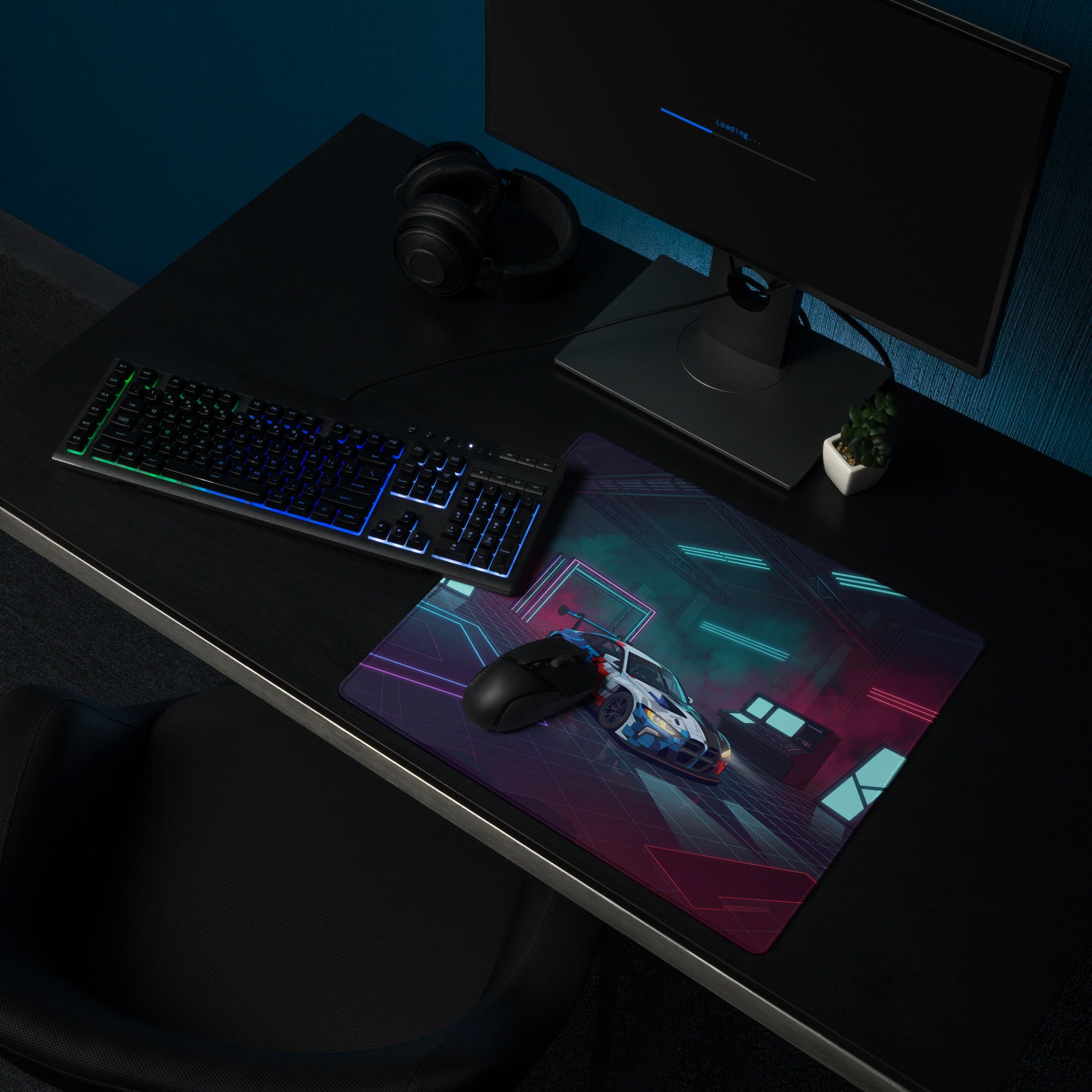 BMW M4 GT3 Inspired White Blue Vaporwave Gaming Mouse Pad, Neon Race Car Desk Mat with Futuristic Cyberpunk Garage Artwork