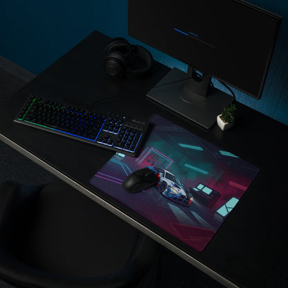 BMW M4 GT3 Inspired White Blue Vaporwave Gaming Mouse Pad, Neon Race Car Desk Mat with Futuristic Cyberpunk Garage Artwork