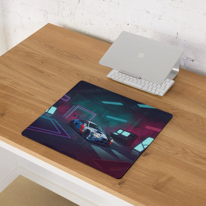BMW M4 GT3 Inspired White Blue Vaporwave Gaming Mouse Pad, Neon Race Car Desk Mat with Futuristic Cyberpunk Garage Artwork