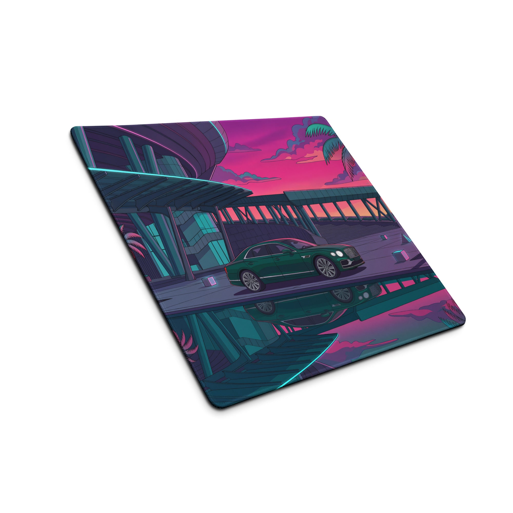 Bentley Continental GT Inspired Green Pink Vaporwave Gaming Mouse Pad, Neon Luxury Coupe Desk Mat with Retro Futuristic City Sunset Artwork