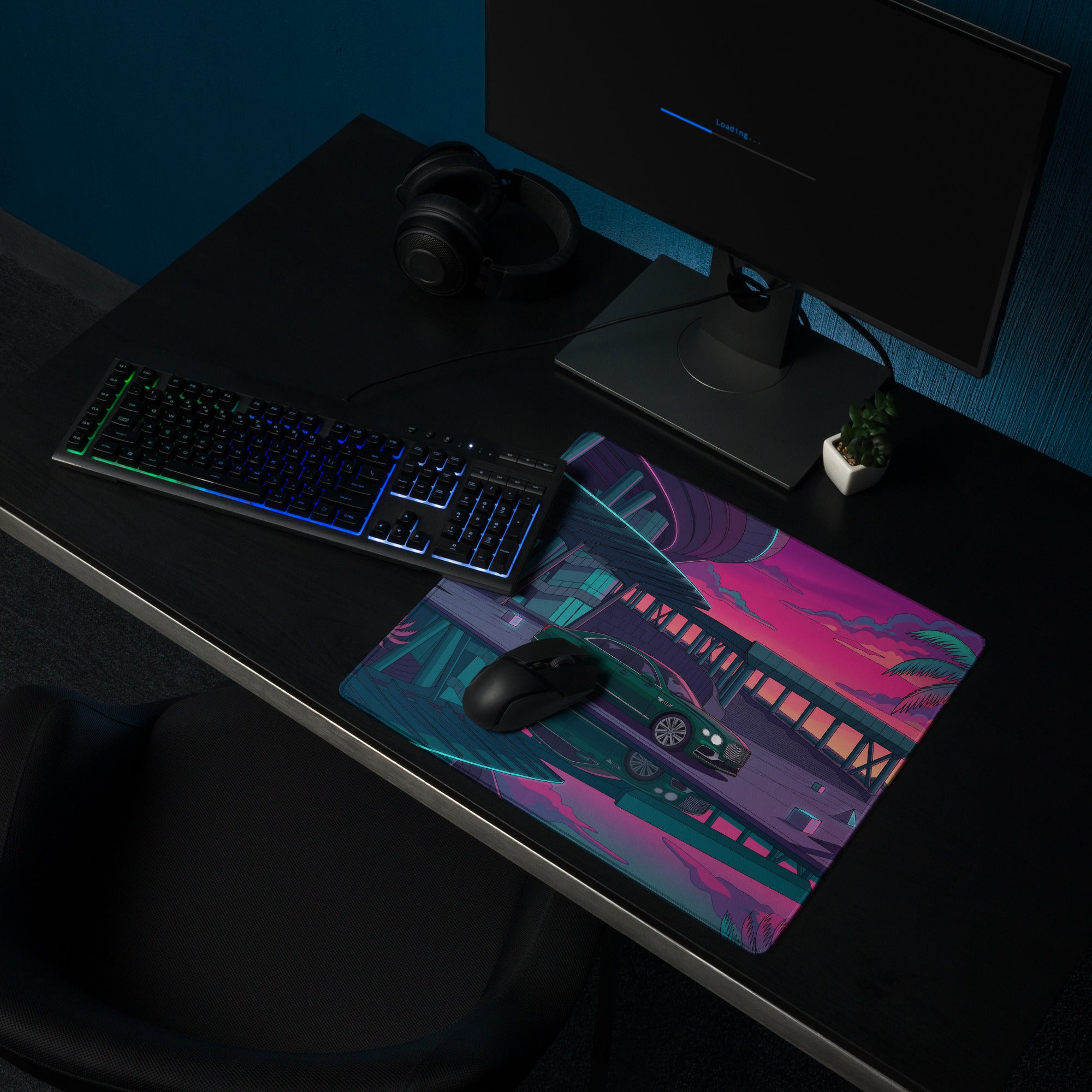Bentley Continental GT Inspired Green Pink Vaporwave Gaming Mouse Pad, Neon Luxury Coupe Desk Mat with Retro Futuristic City Sunset Artwork