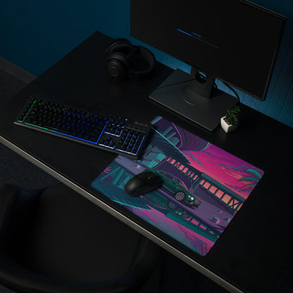 Bentley Continental GT Inspired Green Pink Vaporwave Gaming Mouse Pad, Neon Luxury Coupe Desk Mat with Retro Futuristic City Sunset Artwork