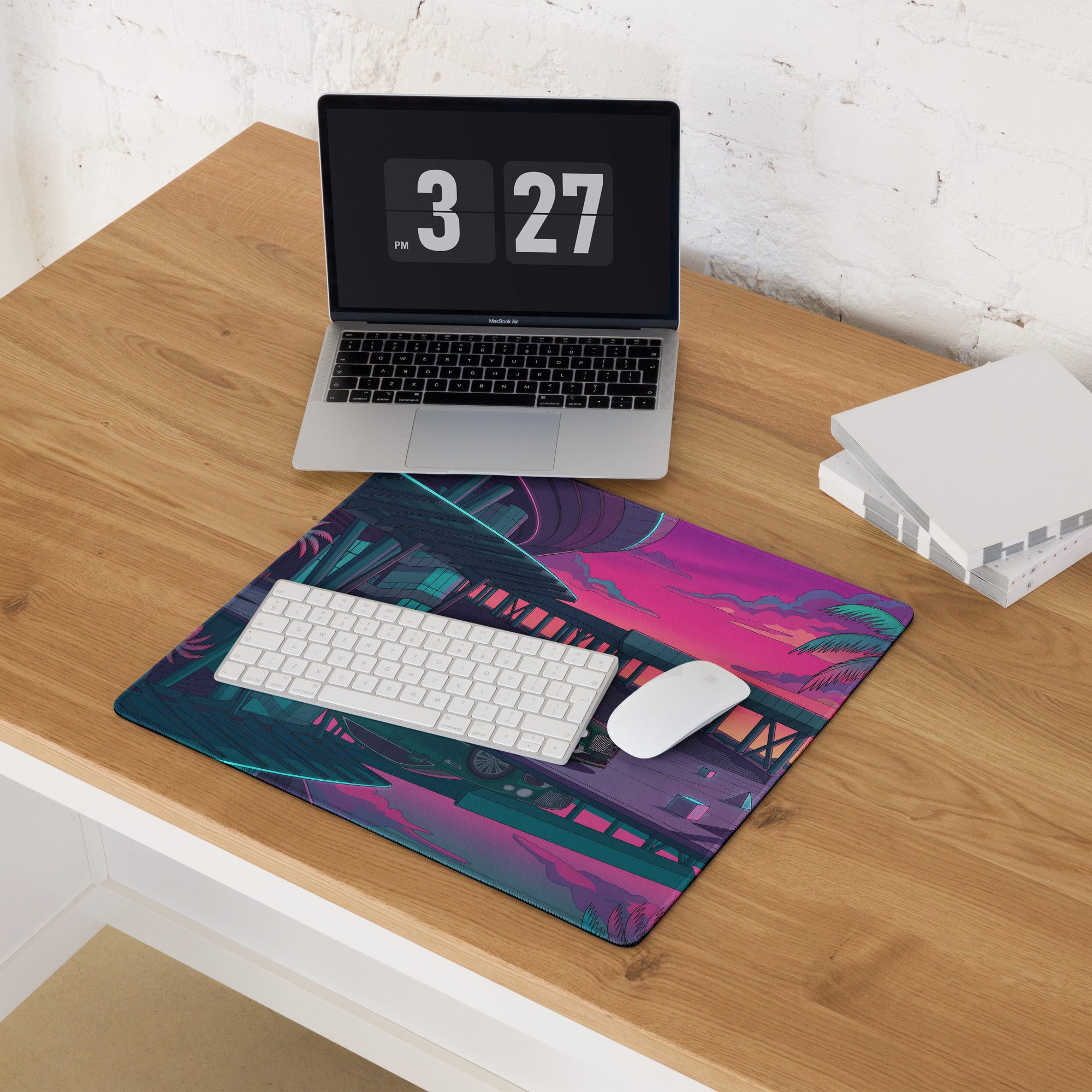Bentley Continental GT Inspired Green Pink Vaporwave Gaming Mouse Pad, Neon Luxury Coupe Desk Mat with Retro Futuristic City Sunset Artwork