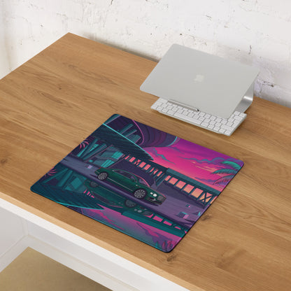 Bentley Continental GT Inspired Green Pink Vaporwave Gaming Mouse Pad, Neon Luxury Coupe Desk Mat with Retro Futuristic City Sunset Artwork