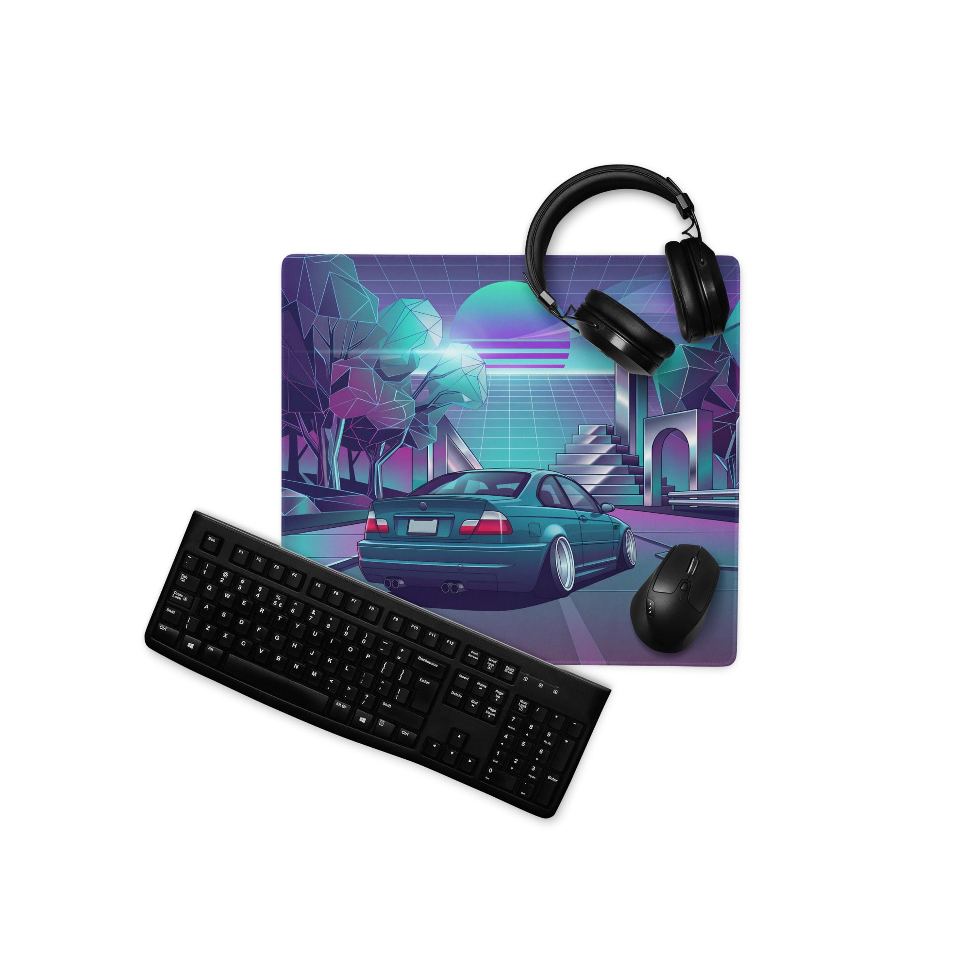 BMW M3 E46 Convertible Inspired Teal Purple Vaporwave Gaming Mouse Pad, Retro Sports Car Desk Mat with Neon Futuristic City Artwork