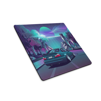 BMW M3 E46 Convertible Inspired Teal Purple Vaporwave Gaming Mouse Pad, Retro Sports Car Desk Mat with Neon Futuristic City Artwork