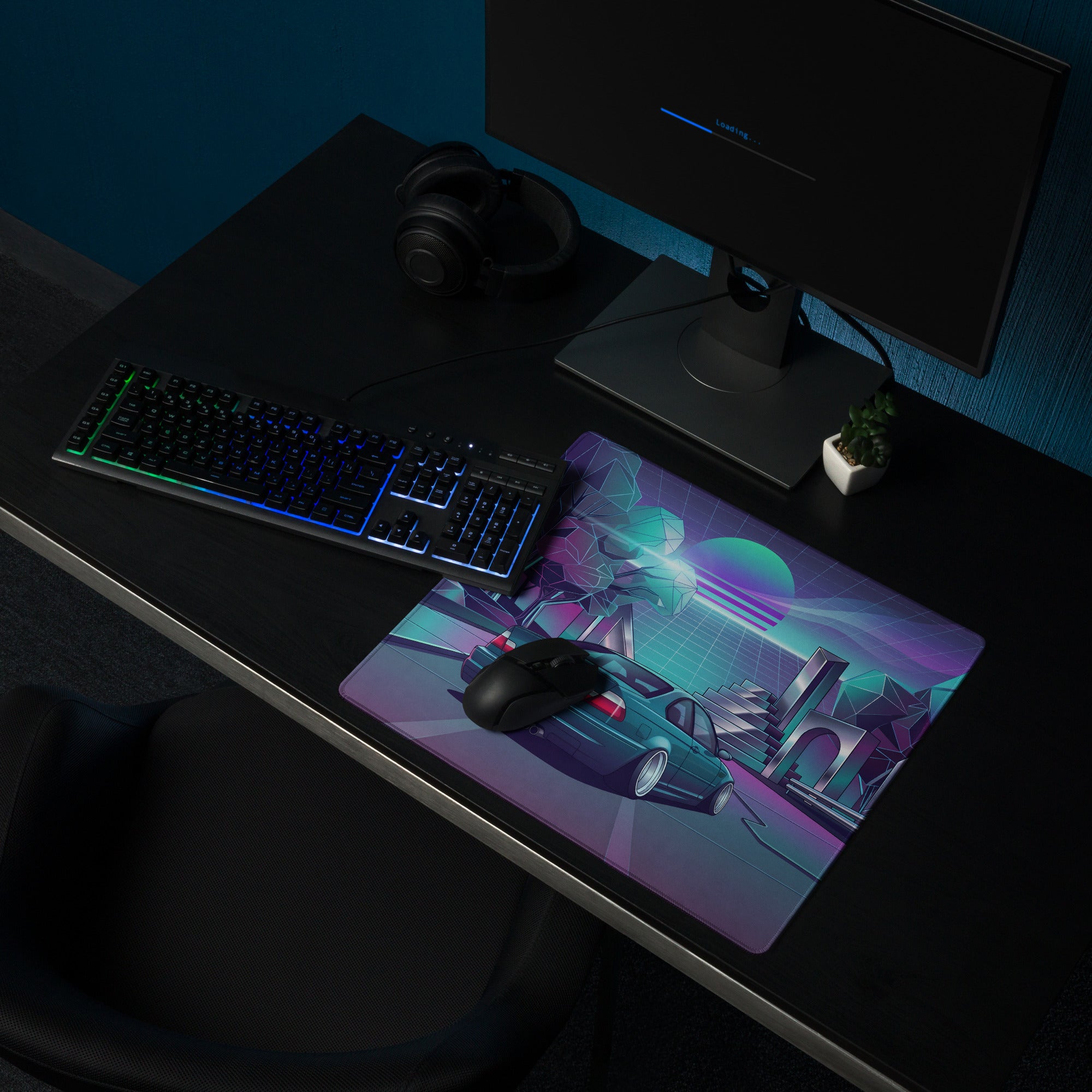 BMW M3 E46 Convertible Inspired Teal Purple Vaporwave Gaming Mouse Pad, Retro Sports Car Desk Mat with Neon Futuristic City Artwork