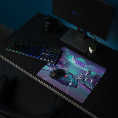 BMW M3 E46 Convertible Inspired Teal Purple Vaporwave Gaming Mouse Pad, Retro Sports Car Desk Mat with Neon Futuristic City Artwork