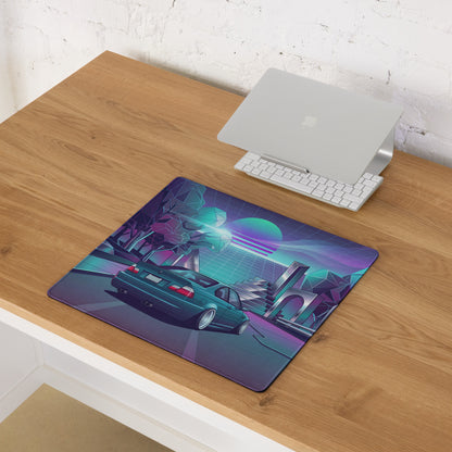 BMW M3 E46 Convertible Inspired Teal Purple Vaporwave Gaming Mouse Pad, Retro Sports Car Desk Mat with Neon Futuristic City Artwork