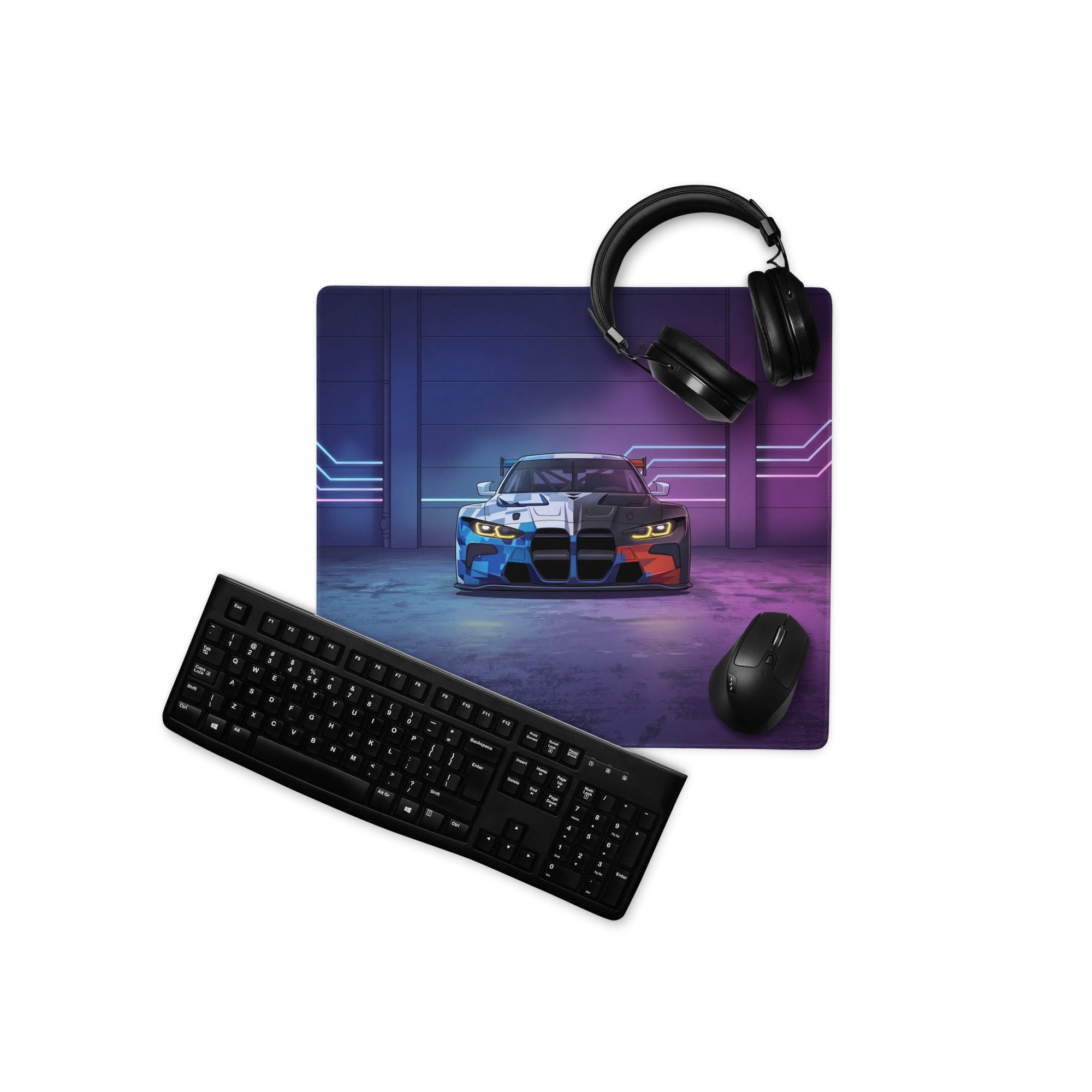 BMW M4 GT3 Inspired Blue White Vaporwave Gaming Mouse Pad, Neon Race Car Desk Mat with Futuristic Cyberpunk Garage Artwork