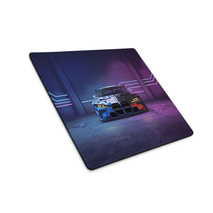 BMW M4 GT3 Inspired Blue White Vaporwave Gaming Mouse Pad, Neon Race Car Desk Mat with Futuristic Cyberpunk Garage Artwork