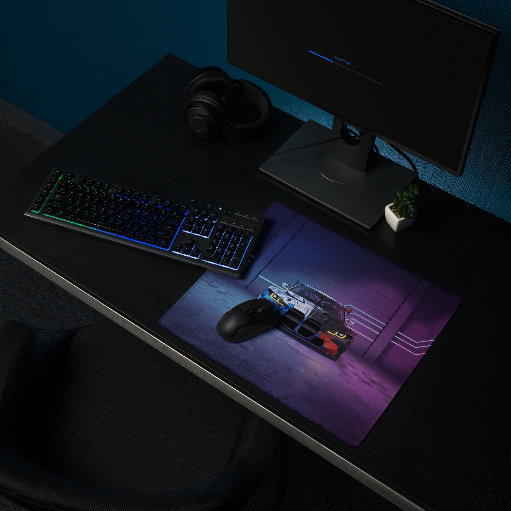 BMW M4 GT3 Inspired Blue White Vaporwave Gaming Mouse Pad, Neon Race Car Desk Mat with Futuristic Cyberpunk Garage Artwork