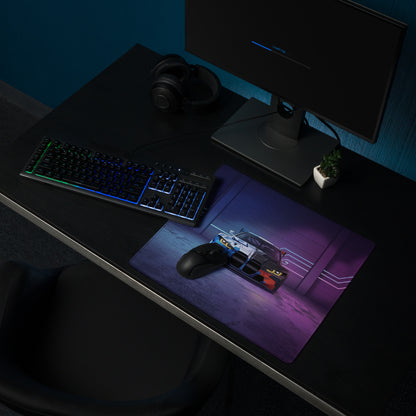 BMW M4 GT3 Inspired Blue White Vaporwave Gaming Mouse Pad, Neon Race Car Desk Mat with Futuristic Cyberpunk Garage Artwork