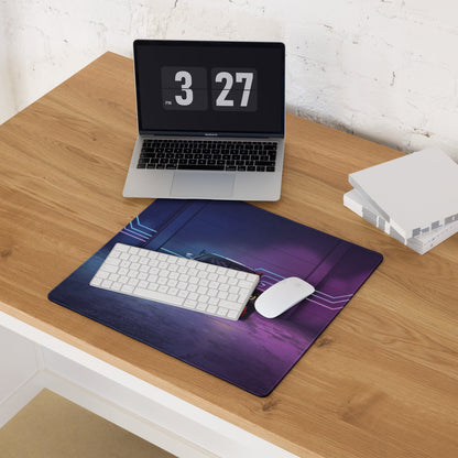 BMW M4 GT3 Inspired Blue White Vaporwave Gaming Mouse Pad, Neon Race Car Desk Mat with Futuristic Cyberpunk Garage Artwork