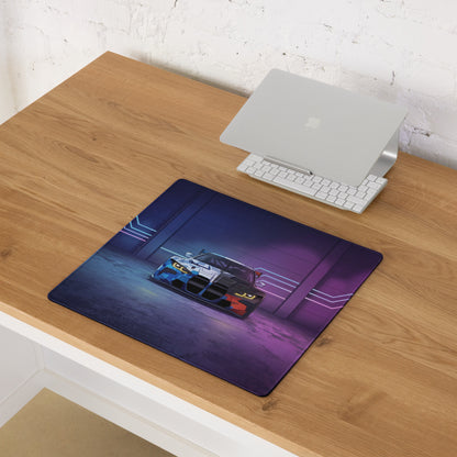 BMW M4 GT3 Inspired Blue White Vaporwave Gaming Mouse Pad, Neon Race Car Desk Mat with Futuristic Cyberpunk Garage Artwork
