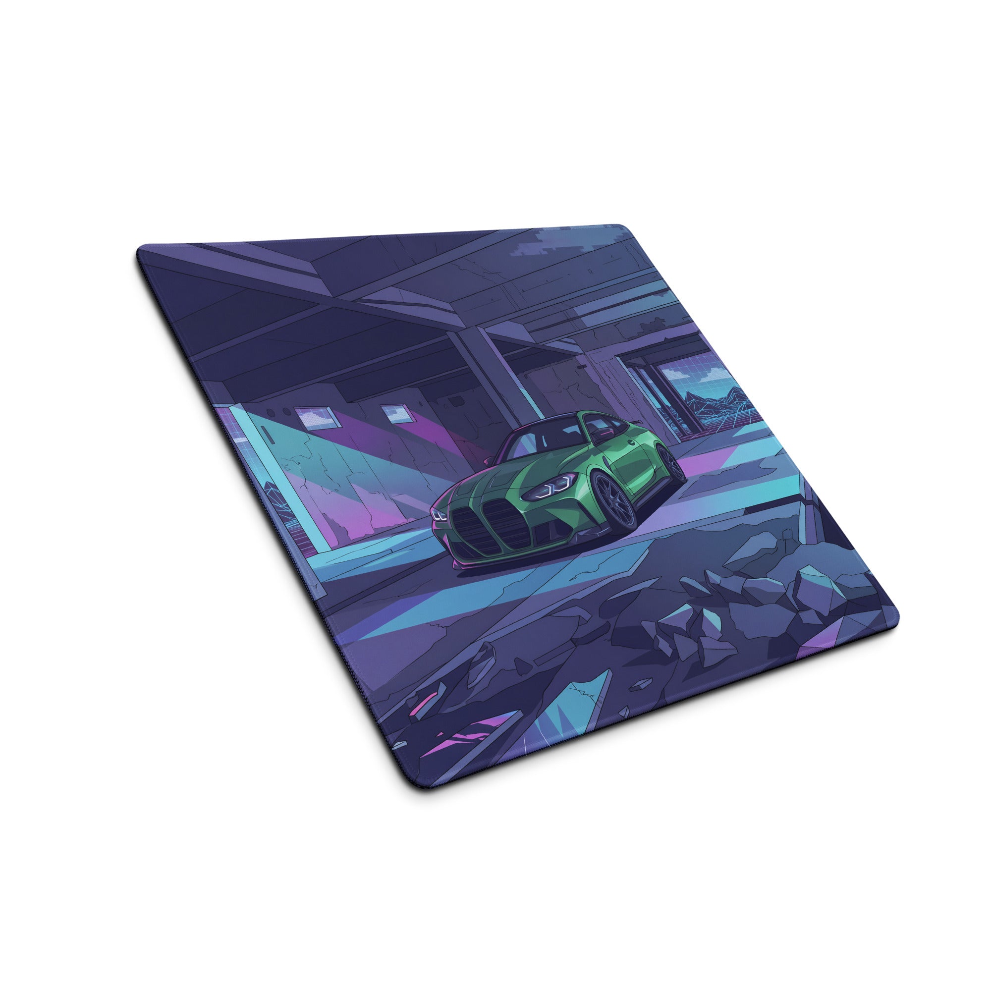 BMW M4 G82 Inspired Green Purple Vaporwave Gaming Mouse Pad, Neon Sports Coupe Desk Mat with Futuristic Ruined Garage Artwork