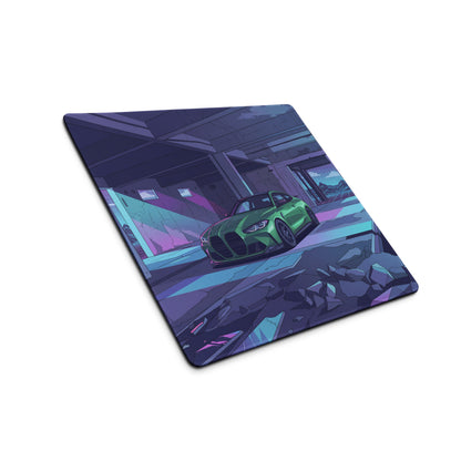 BMW M4 G82 Inspired Green Purple Vaporwave Gaming Mouse Pad, Neon Sports Coupe Desk Mat with Futuristic Ruined Garage Artwork