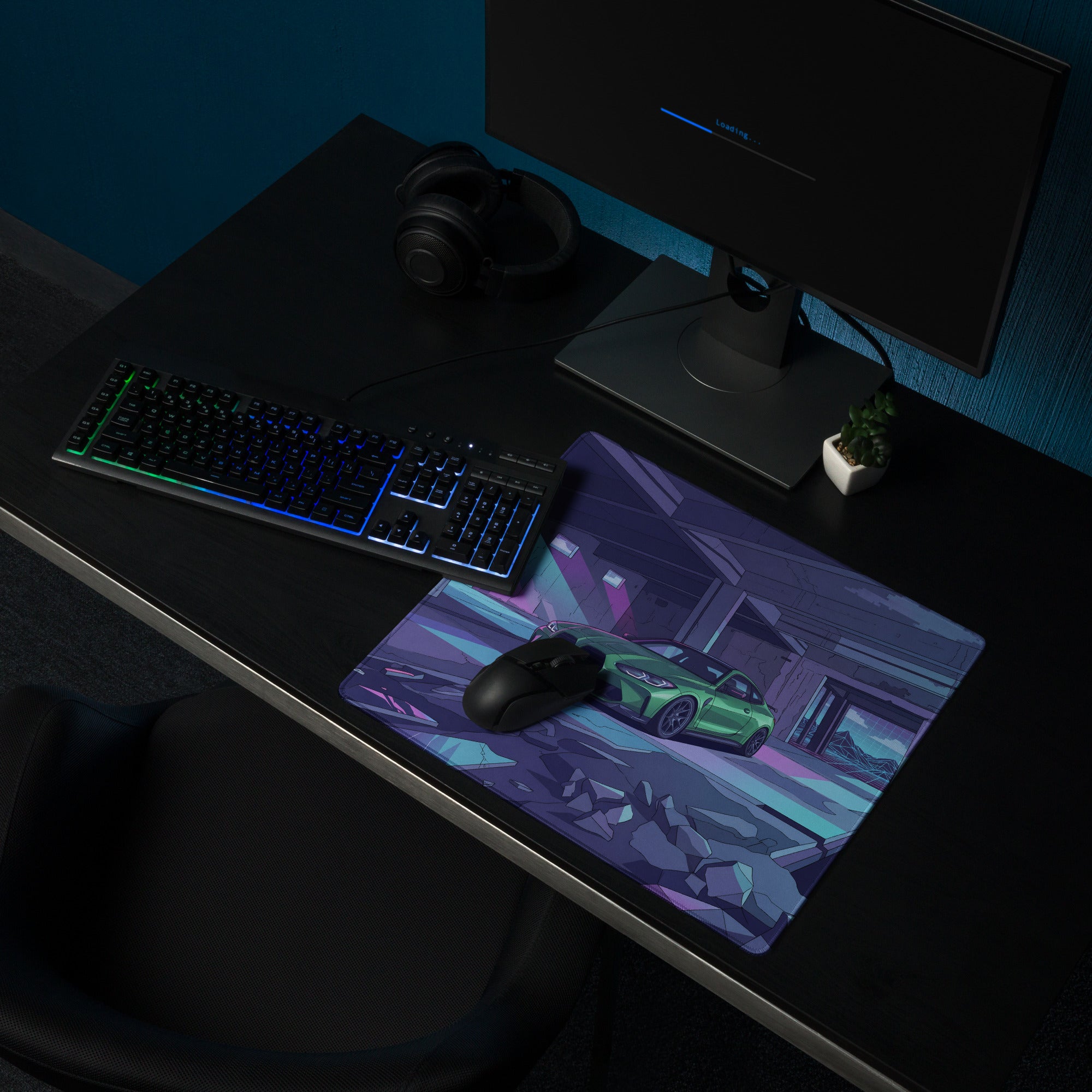 BMW M4 G82 Inspired Green Purple Vaporwave Gaming Mouse Pad, Neon Sports Coupe Desk Mat with Futuristic Ruined Garage Artwork