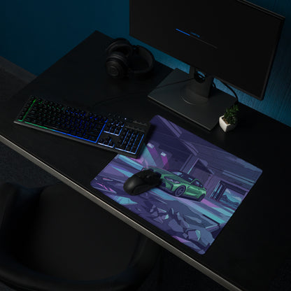 BMW M4 G82 Inspired Green Purple Vaporwave Gaming Mouse Pad, Neon Sports Coupe Desk Mat with Futuristic Ruined Garage Artwork