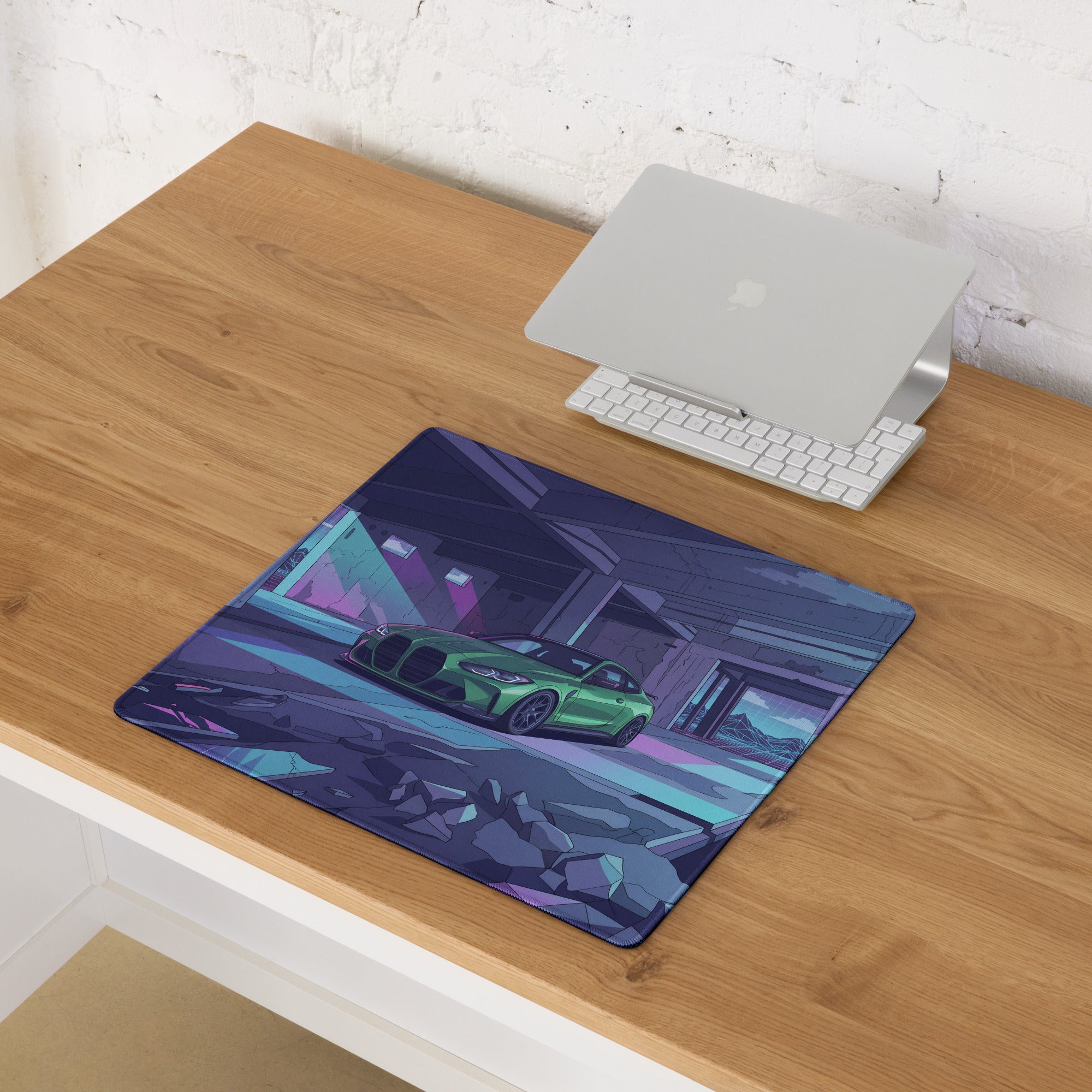 BMW M4 G82 Inspired Green Purple Vaporwave Gaming Mouse Pad, Neon Sports Coupe Desk Mat with Futuristic Ruined Garage Artwork