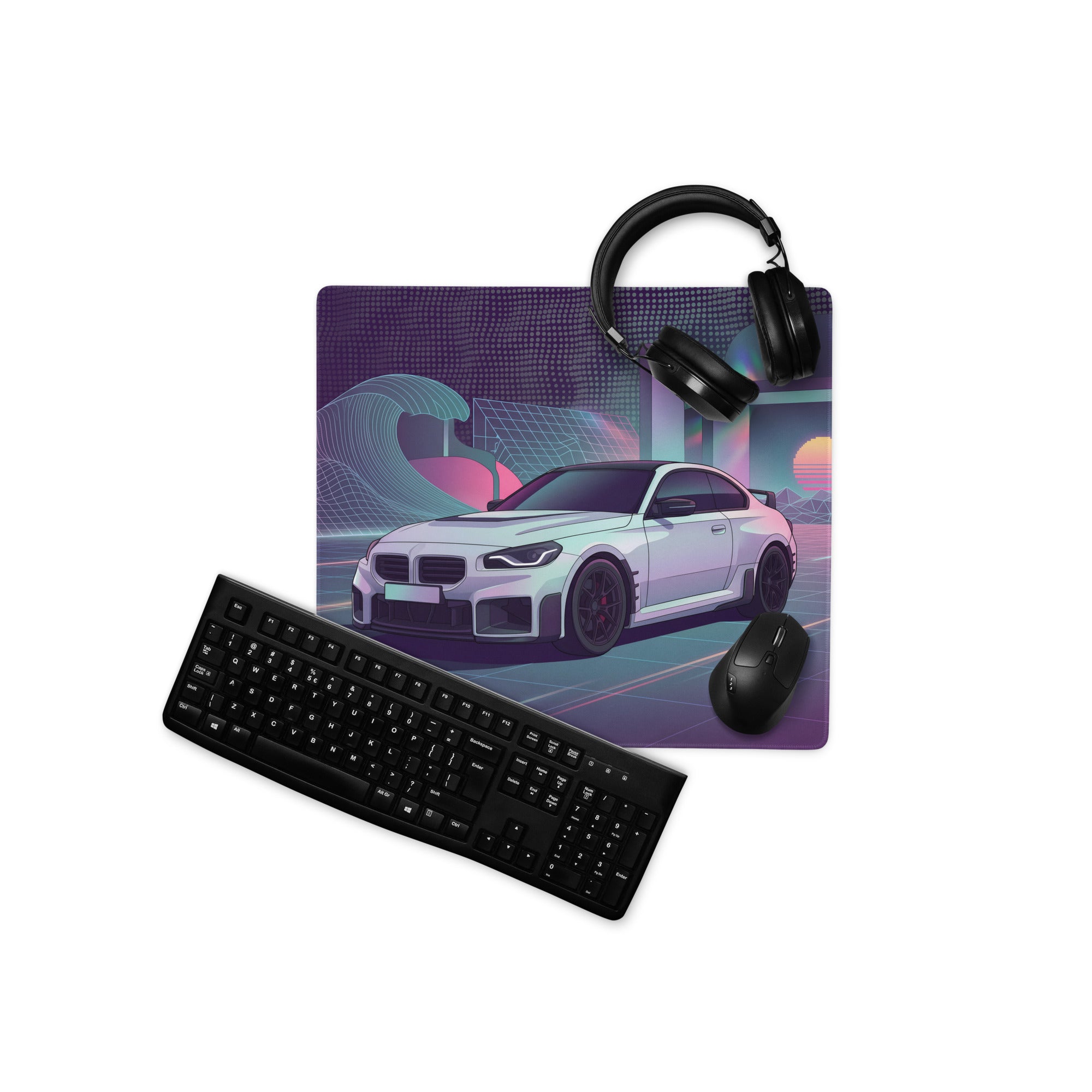 BMW M2 G87 Inspired White Purple Vaporwave Gaming Mouse Pad, Neon Sports Coupe Desk Mat with Retro Futuristic Wave Grid Artwork