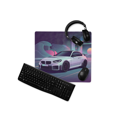 BMW M2 G87 Inspired White Purple Vaporwave Gaming Mouse Pad, Neon Sports Coupe Desk Mat with Retro Futuristic Wave Grid Artwork