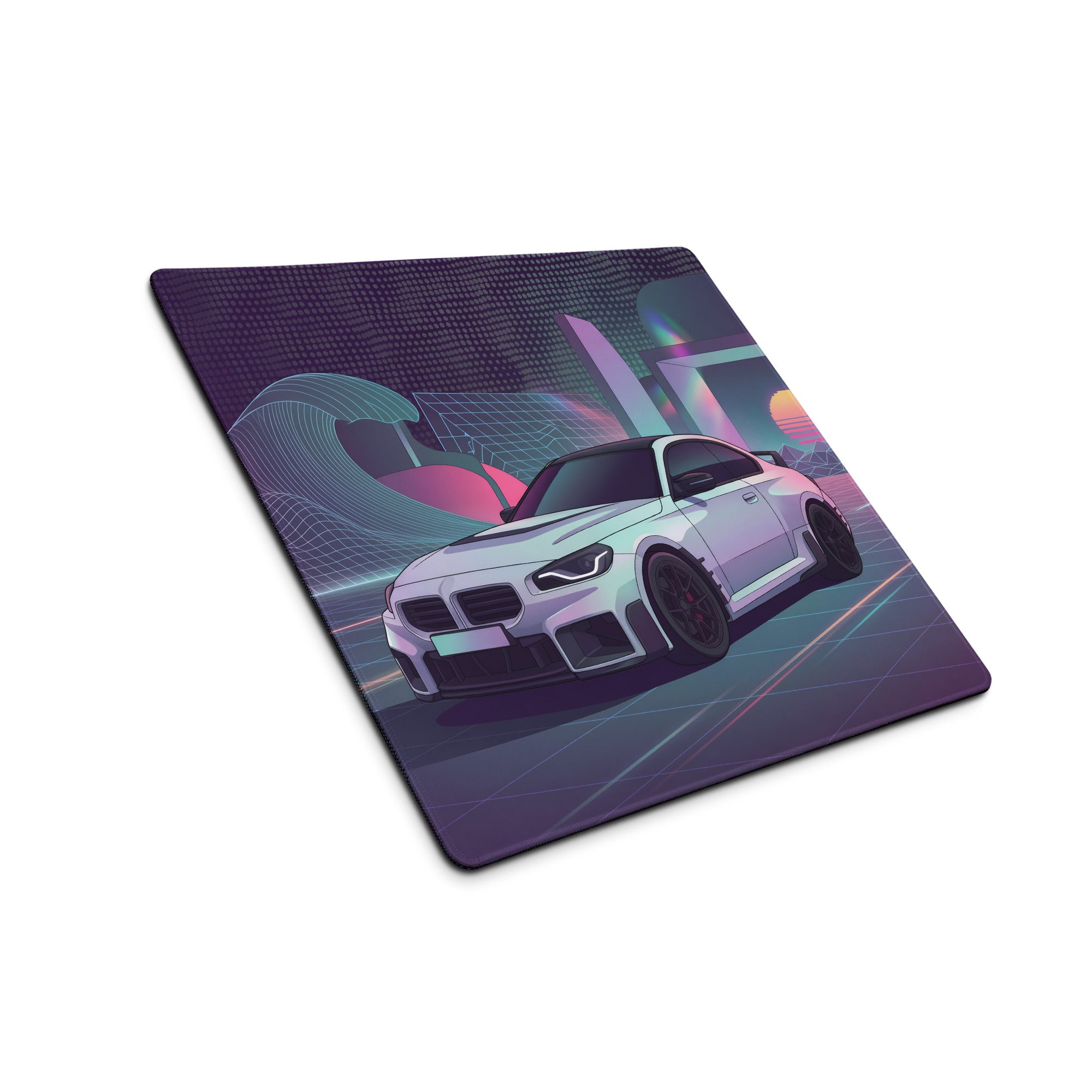BMW M2 G87 Inspired White Purple Vaporwave Gaming Mouse Pad, Neon Sports Coupe Desk Mat with Retro Futuristic Wave Grid Artwork