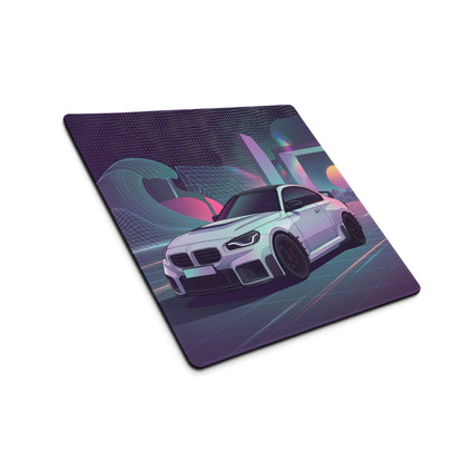 BMW M2 G87 Inspired White Purple Vaporwave Gaming Mouse Pad, Neon Sports Coupe Desk Mat with Retro Futuristic Wave Grid Artwork