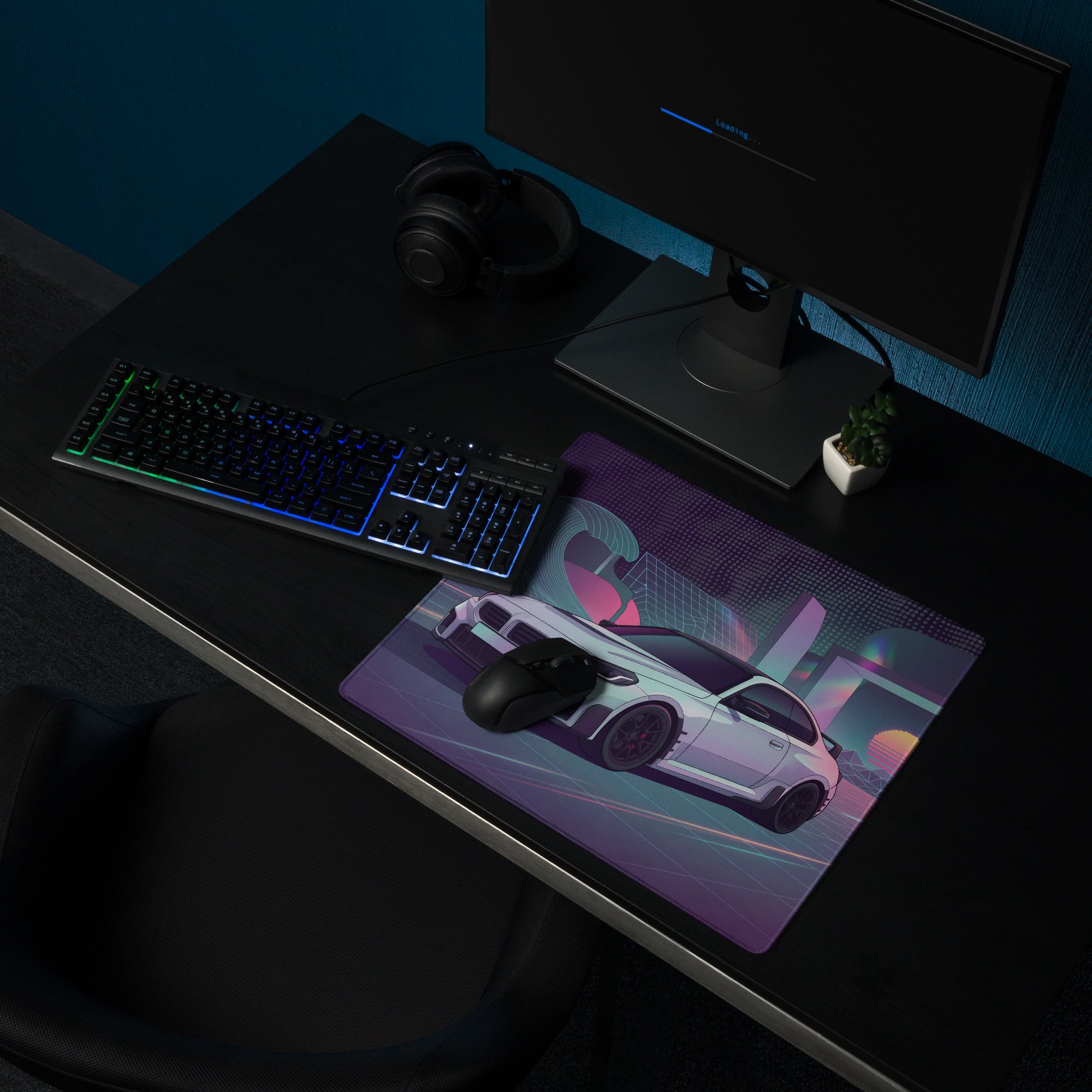 BMW M2 G87 Inspired White Purple Vaporwave Gaming Mouse Pad, Neon Sports Coupe Desk Mat with Retro Futuristic Wave Grid Artwork