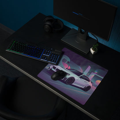 BMW M2 G87 Inspired White Purple Vaporwave Gaming Mouse Pad, Neon Sports Coupe Desk Mat with Retro Futuristic Wave Grid Artwork
