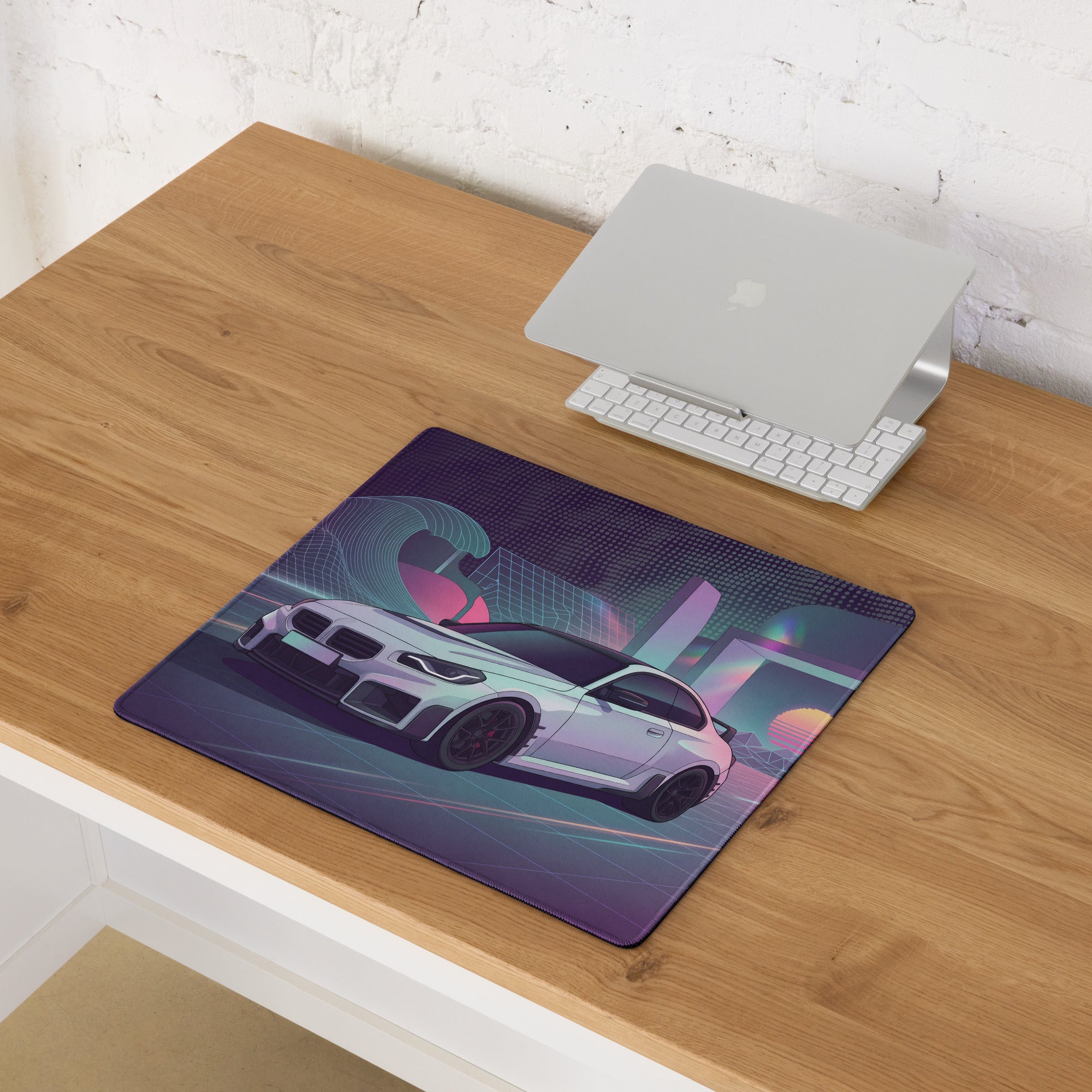 BMW M2 G87 Inspired White Purple Vaporwave Gaming Mouse Pad, Neon Sports Coupe Desk Mat with Retro Futuristic Wave Grid Artwork