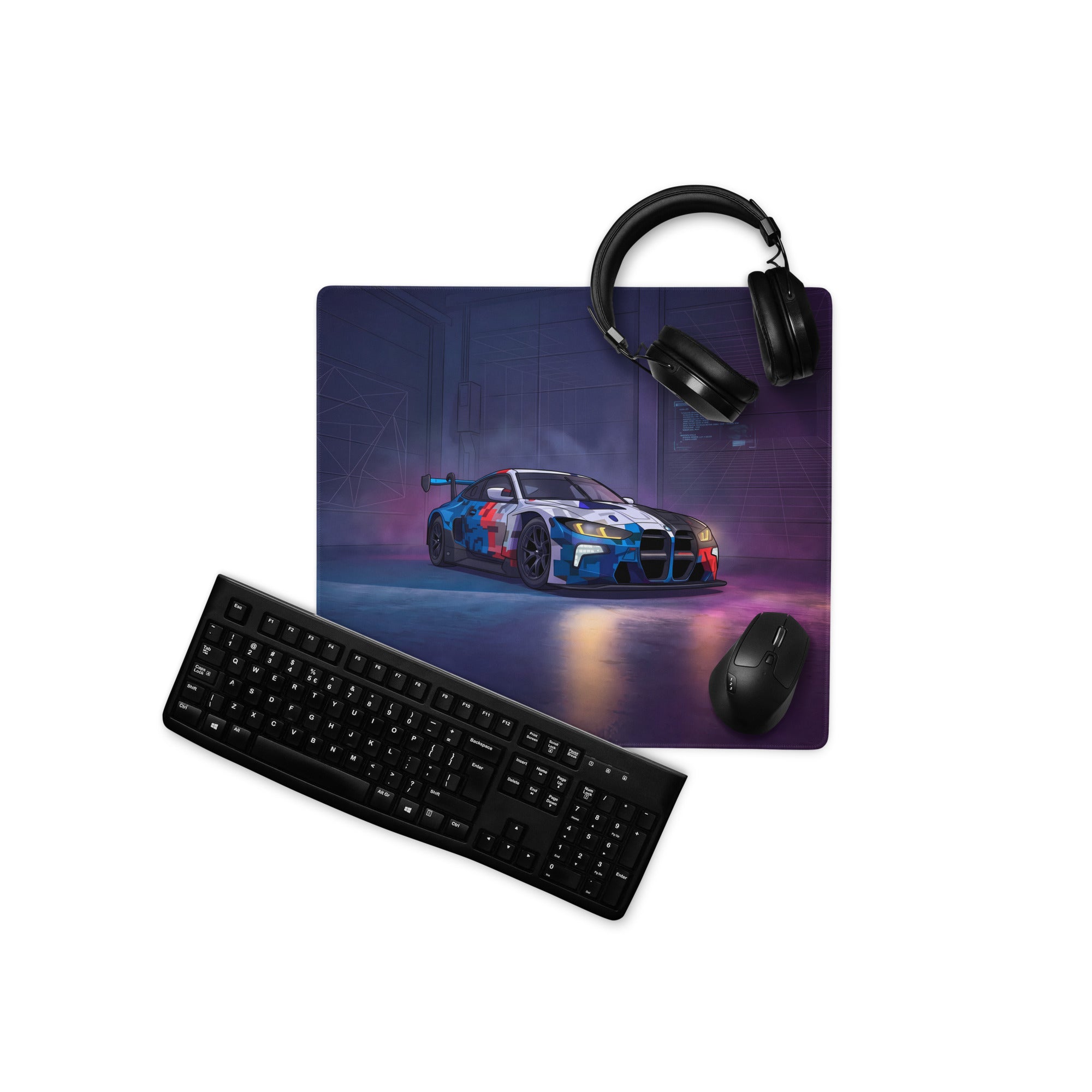 BMW M4 GT3 Inspired Blue White Vaporwave Gaming Mouse Pad, Neon Race Car Desk Mat with Futuristic Cyberpunk Garage Artwork