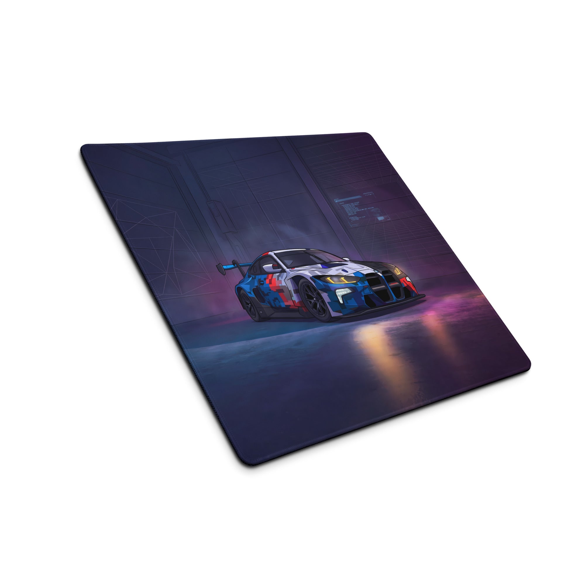 BMW M4 GT3 Inspired Blue White Vaporwave Gaming Mouse Pad, Neon Race Car Desk Mat with Futuristic Cyberpunk Garage Artwork