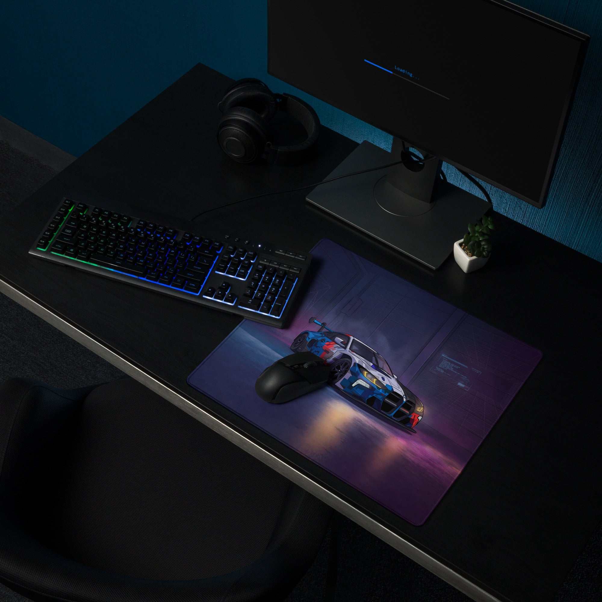 BMW M4 GT3 Inspired Blue White Vaporwave Gaming Mouse Pad, Neon Race Car Desk Mat with Futuristic Cyberpunk Garage Artwork