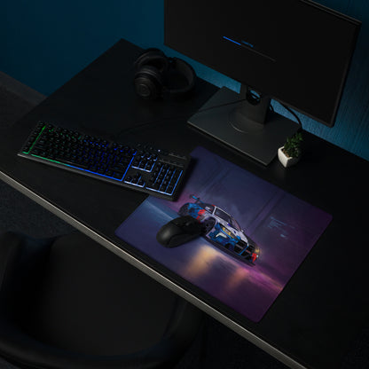 BMW M4 GT3 Inspired Blue White Vaporwave Gaming Mouse Pad, Neon Race Car Desk Mat with Futuristic Cyberpunk Garage Artwork