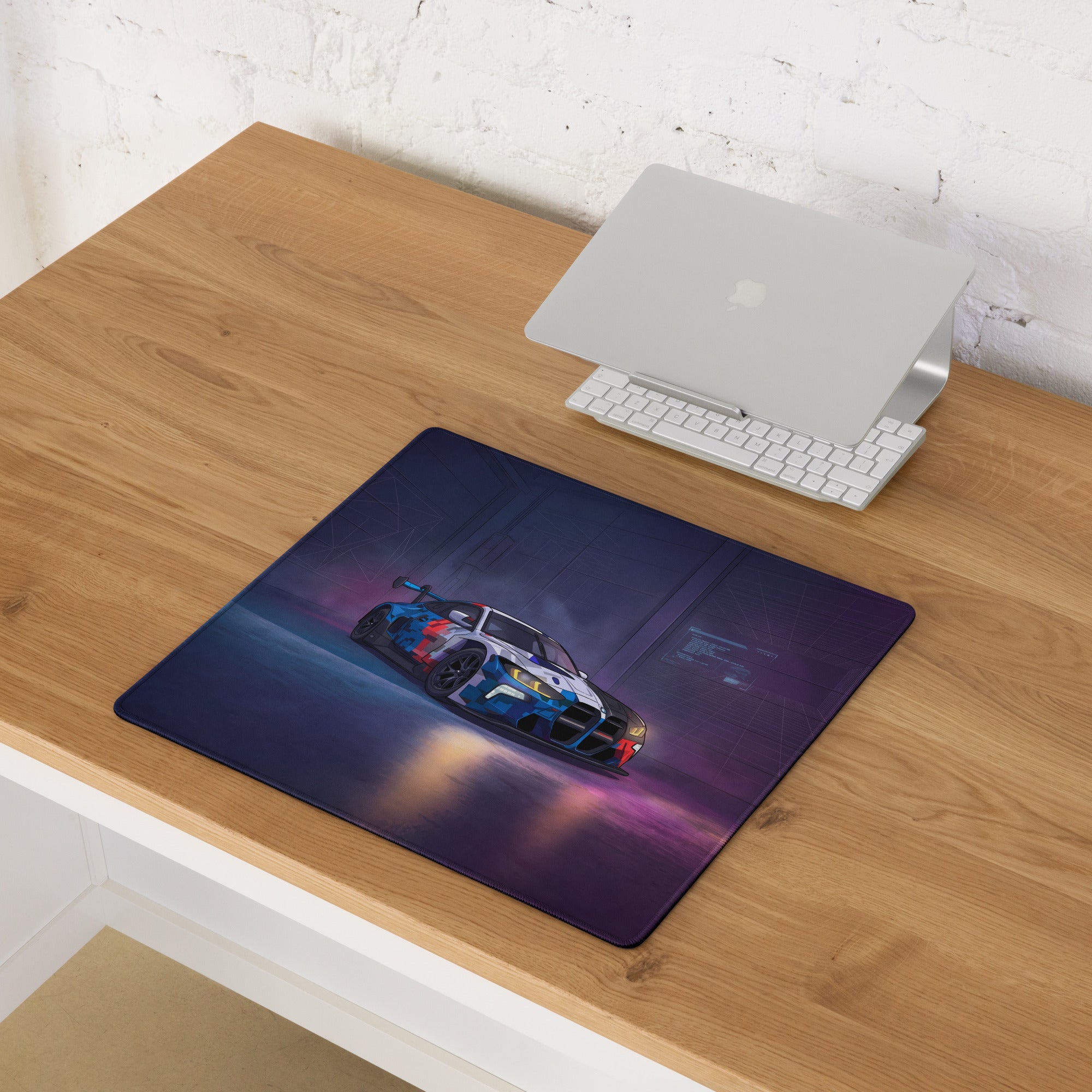 BMW M4 GT3 Inspired Blue White Vaporwave Gaming Mouse Pad, Neon Race Car Desk Mat with Futuristic Cyberpunk Garage Artwork