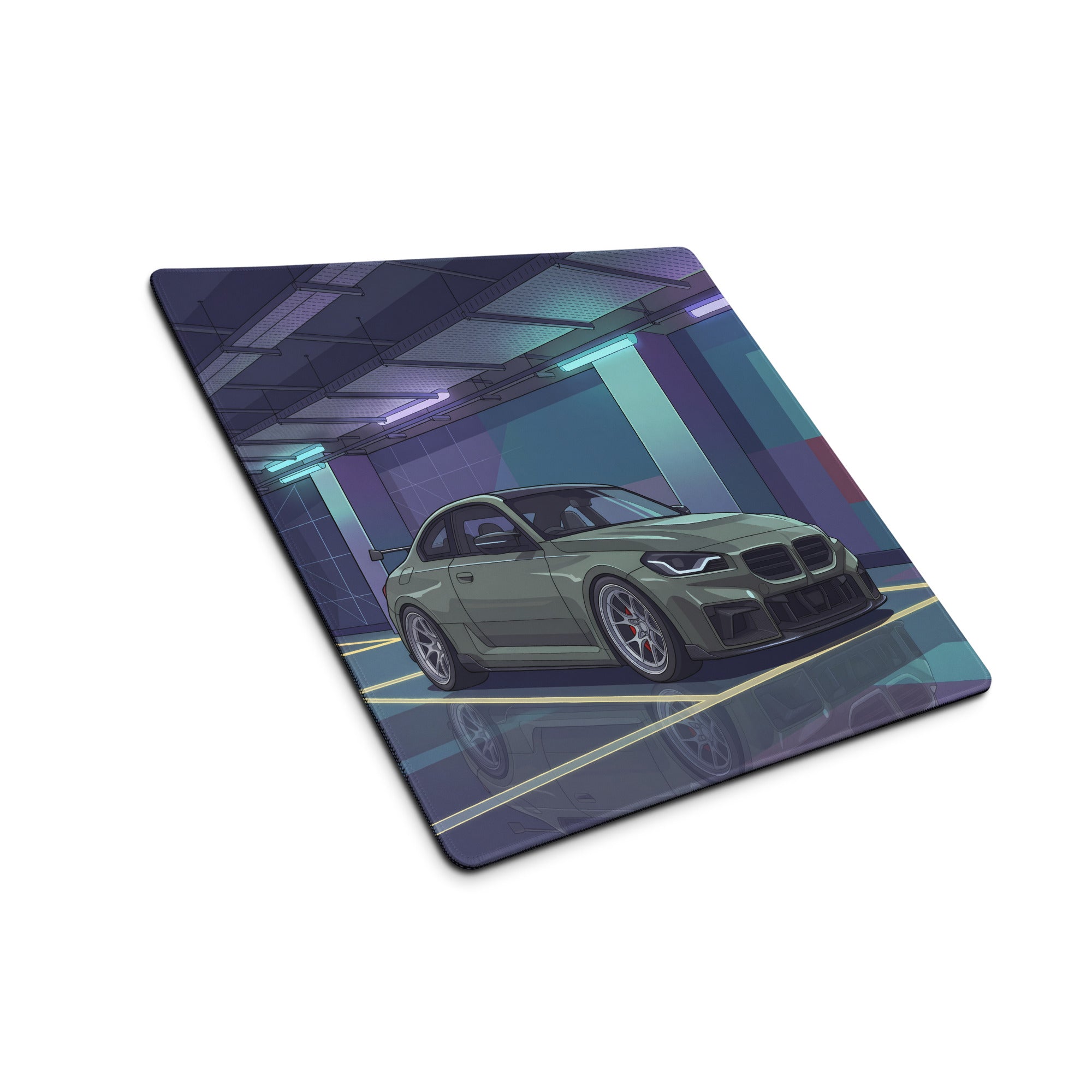 BMW M2 G87 Inspired Green Purple Vaporwave Gaming Mouse Pad, Neon Sports Coupe Desk Mat with Futuristic Cyberpunk Garage Artwork