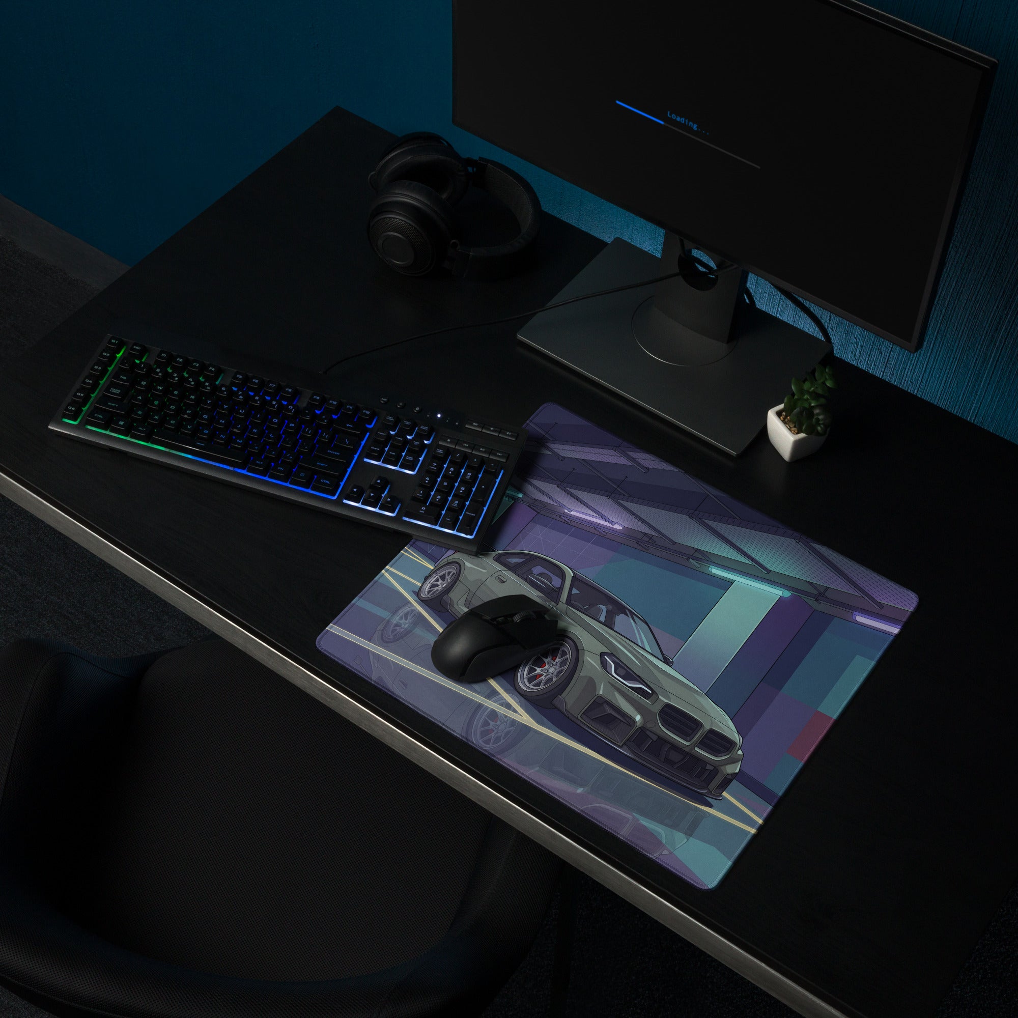 BMW M2 G87 Inspired Green Purple Vaporwave Gaming Mouse Pad, Neon Sports Coupe Desk Mat with Futuristic Cyberpunk Garage Artwork