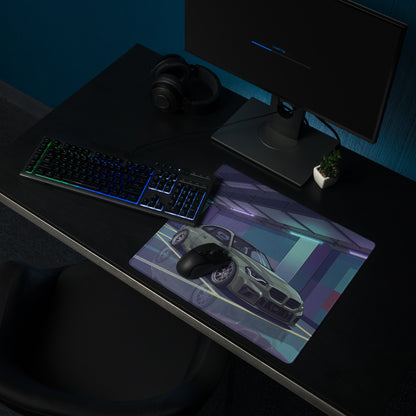 BMW M2 G87 Inspired Green Purple Vaporwave Gaming Mouse Pad, Neon Sports Coupe Desk Mat with Futuristic Cyberpunk Garage Artwork