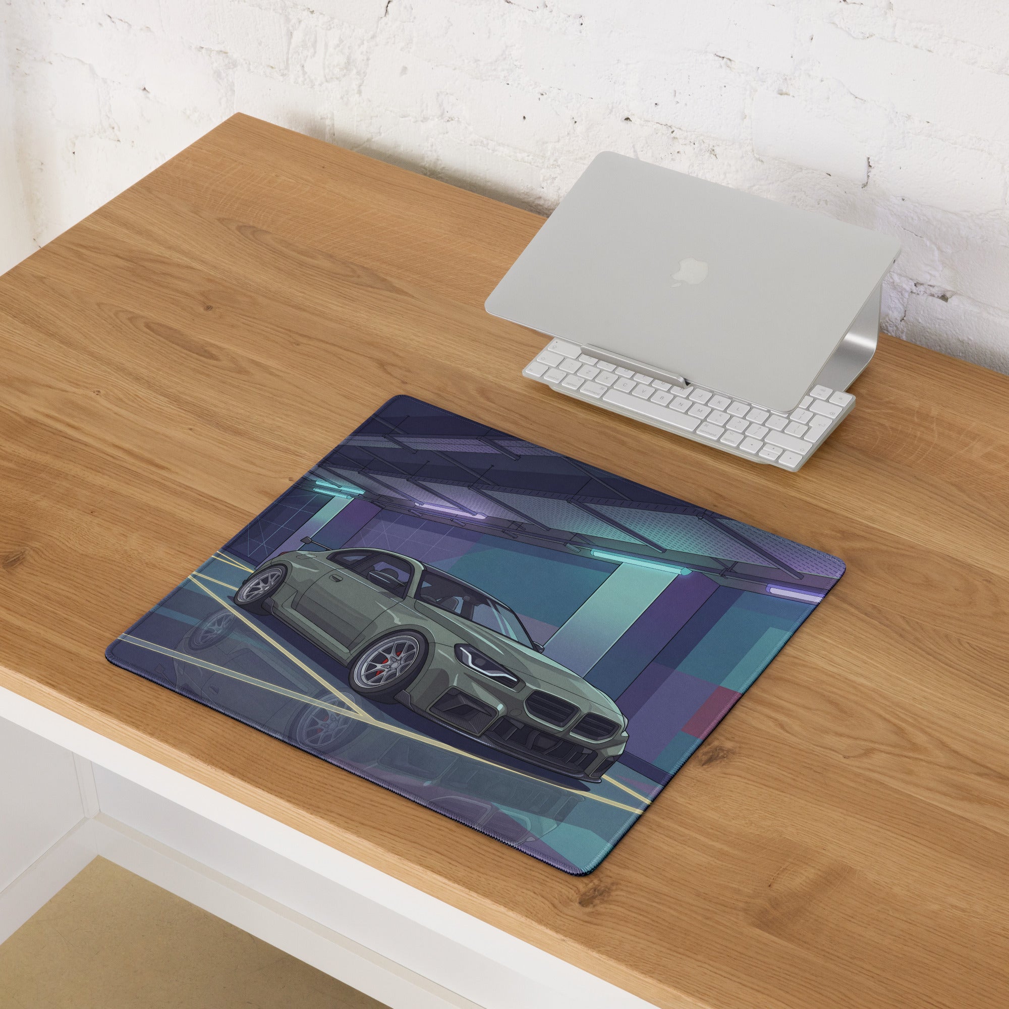 BMW M2 G87 Inspired Green Purple Vaporwave Gaming Mouse Pad, Neon Sports Coupe Desk Mat with Futuristic Cyberpunk Garage Artwork