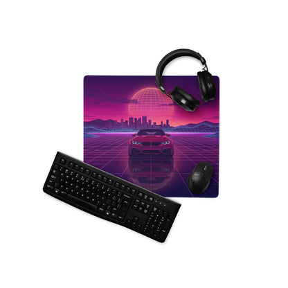 BMW M4 F82 Inspired Red Purple Vaporwave Gaming Mouse Pad, Neon Sports Coupe Desk Mat with Retro Futuristic City Grid Sunset Artwork