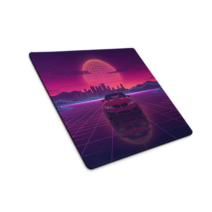 BMW M4 F82 Inspired Red Purple Vaporwave Gaming Mouse Pad, Neon Sports Coupe Desk Mat with Retro Futuristic City Grid Sunset Artwork