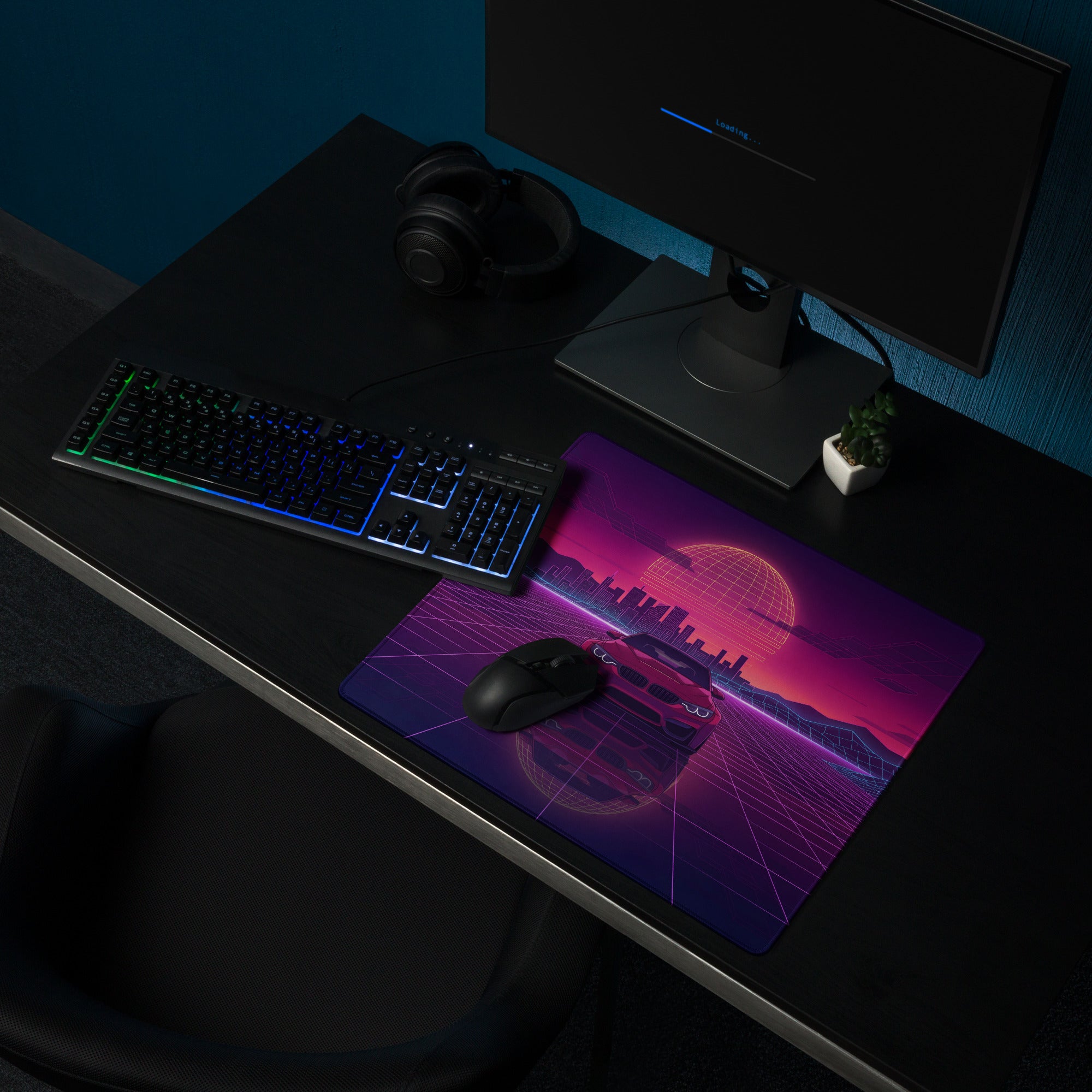 BMW M4 F82 Inspired Red Purple Vaporwave Gaming Mouse Pad, Neon Sports Coupe Desk Mat with Retro Futuristic City Grid Sunset Artwork