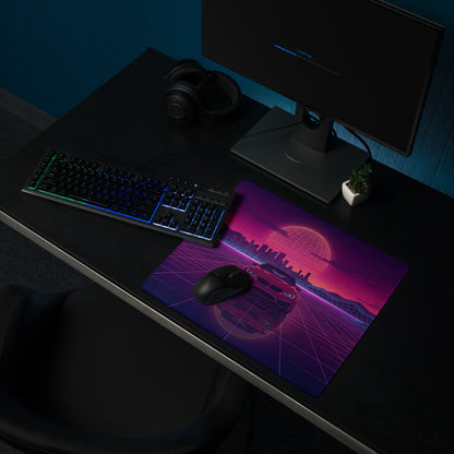 BMW M4 F82 Inspired Red Purple Vaporwave Gaming Mouse Pad, Neon Sports Coupe Desk Mat with Retro Futuristic City Grid Sunset Artwork