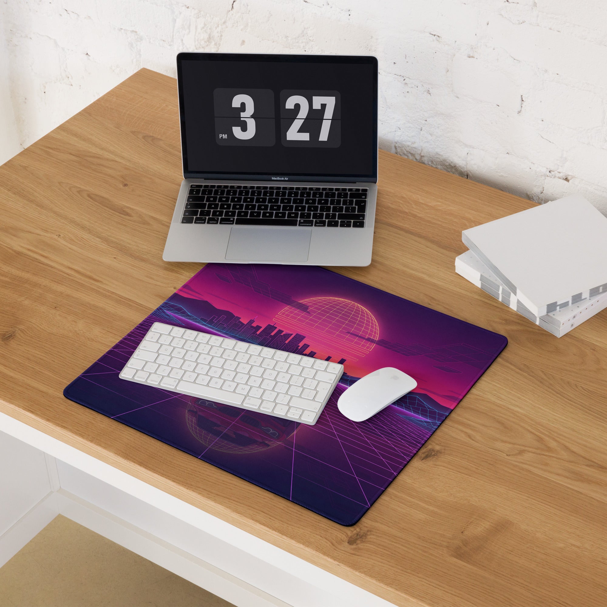 BMW M4 F82 Inspired Red Purple Vaporwave Gaming Mouse Pad, Neon Sports Coupe Desk Mat with Retro Futuristic City Grid Sunset Artwork