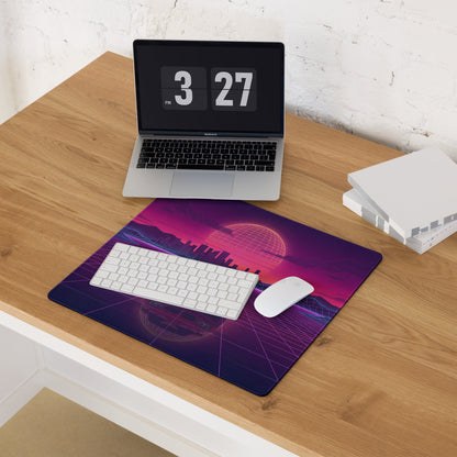 BMW M4 F82 Inspired Red Purple Vaporwave Gaming Mouse Pad, Neon Sports Coupe Desk Mat with Retro Futuristic City Grid Sunset Artwork