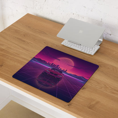 BMW M4 F82 Inspired Red Purple Vaporwave Gaming Mouse Pad, Neon Sports Coupe Desk Mat with Retro Futuristic City Grid Sunset Artwork