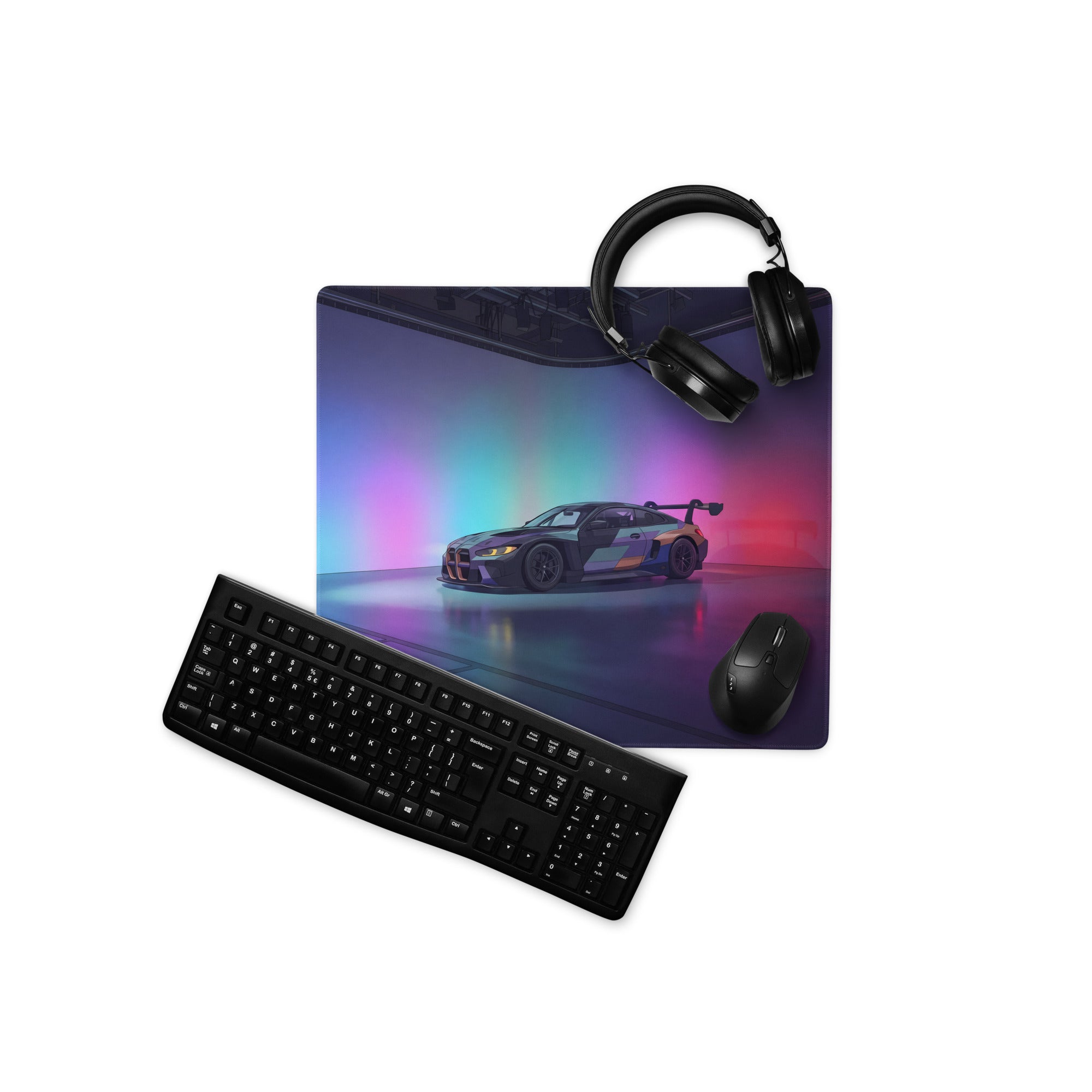 BMW M4 GT3 Inspired Black Blue Vaporwave Gaming Mouse Pad, Neon Race Car Desk Mat with Futuristic Studio Lighting Artwork