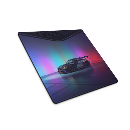 BMW M4 GT3 Inspired Black Blue Vaporwave Gaming Mouse Pad, Neon Race Car Desk Mat with Futuristic Studio Lighting Artwork